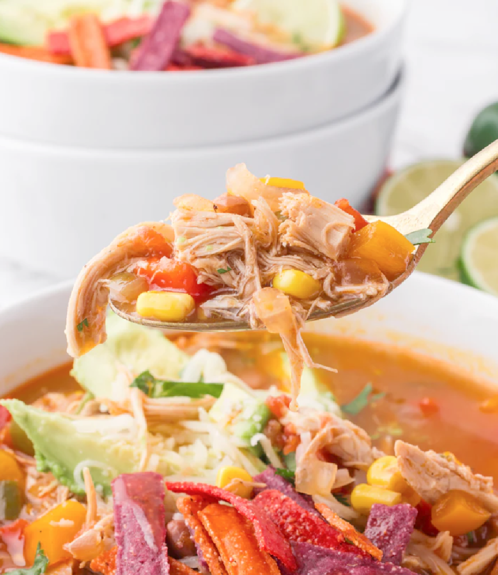 southwestern fiesta taco soup with chunks of chicken, corn, beans and spices