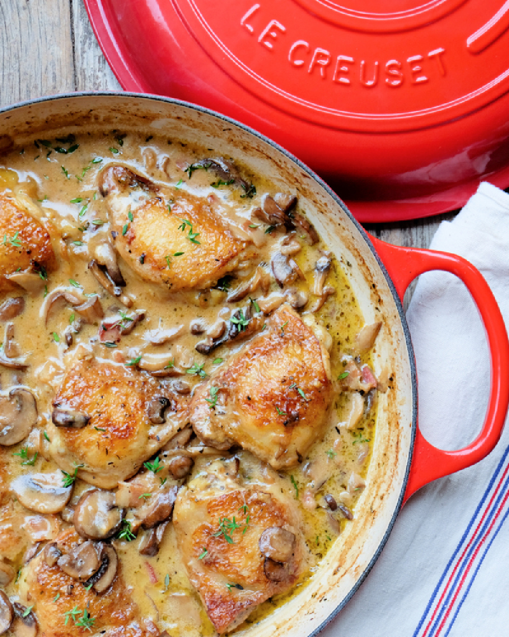 roasted chicken in wine and butter sauace with mushrooms