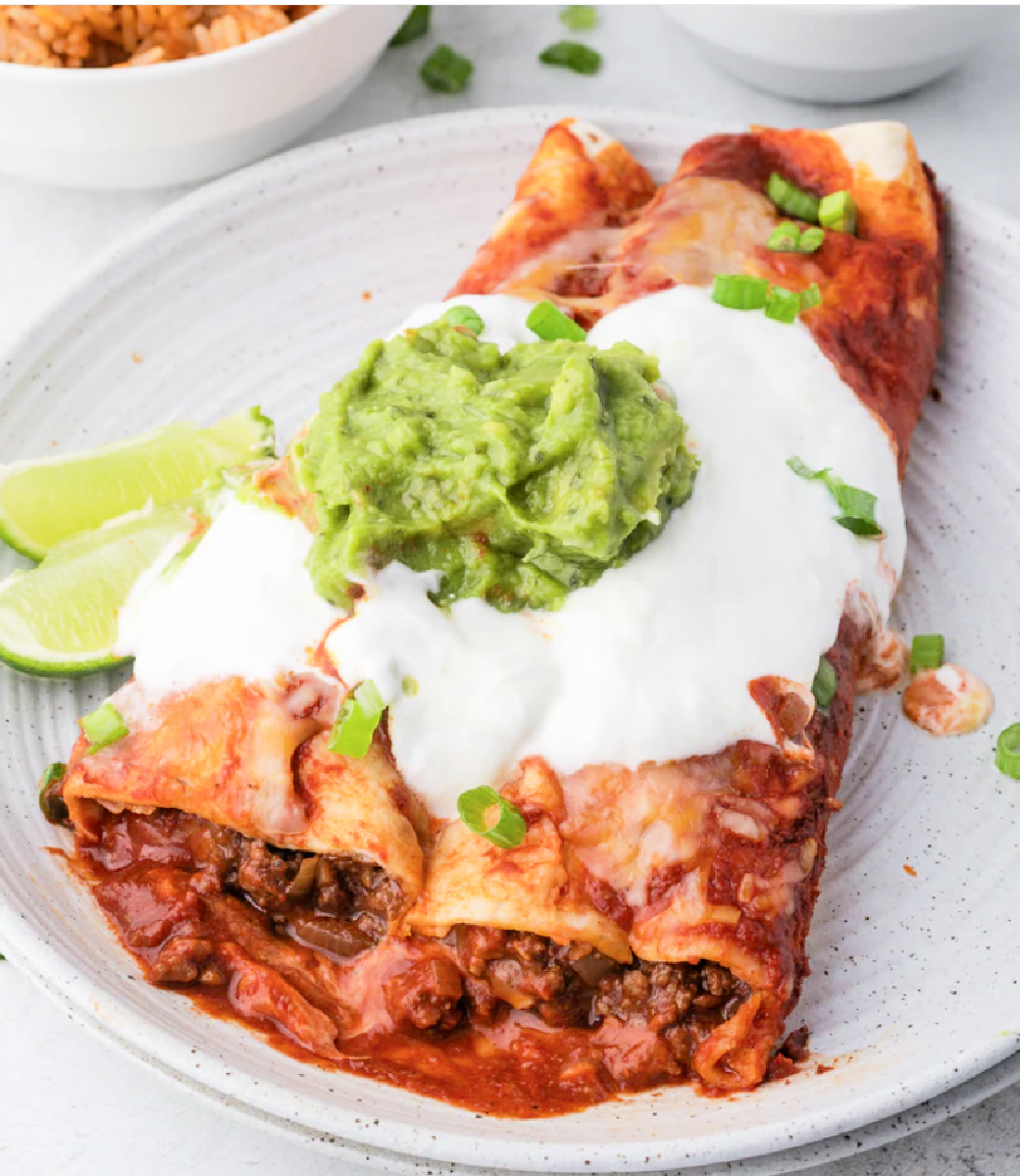 ground beef enchiladas with all the toppings