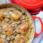 roasted chicken thighs in a creamy mushroom sauce